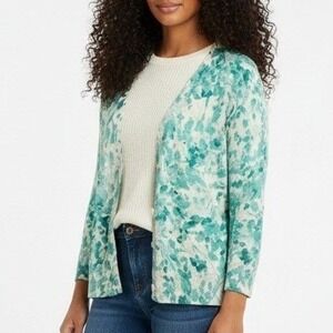 Talbots Petites Women's Large Abstract‎ Teal Cream Button Front Cardigan